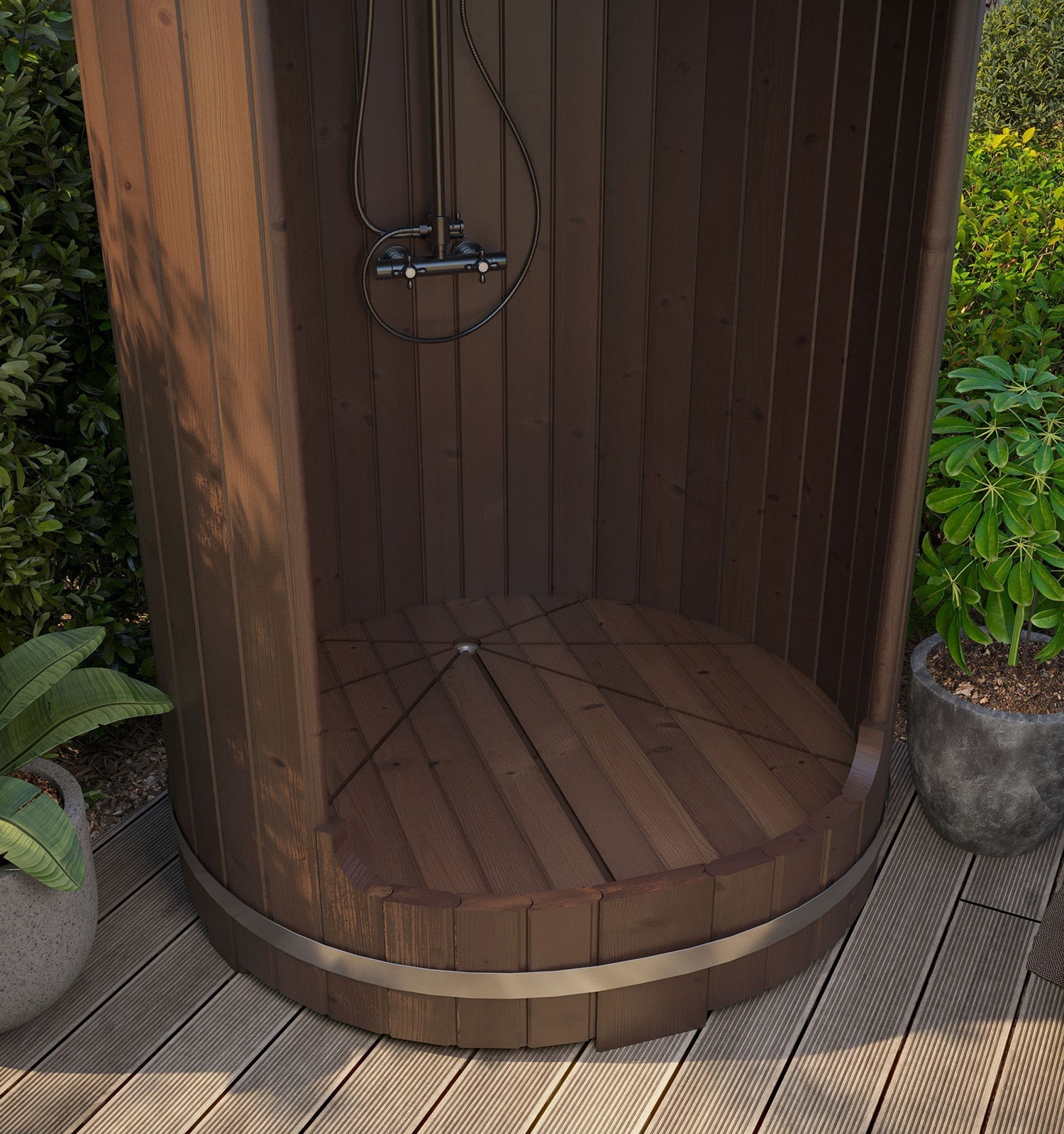 SaunaLife Rain-Series R3 Outdoor Barrel Shower — exterior angle